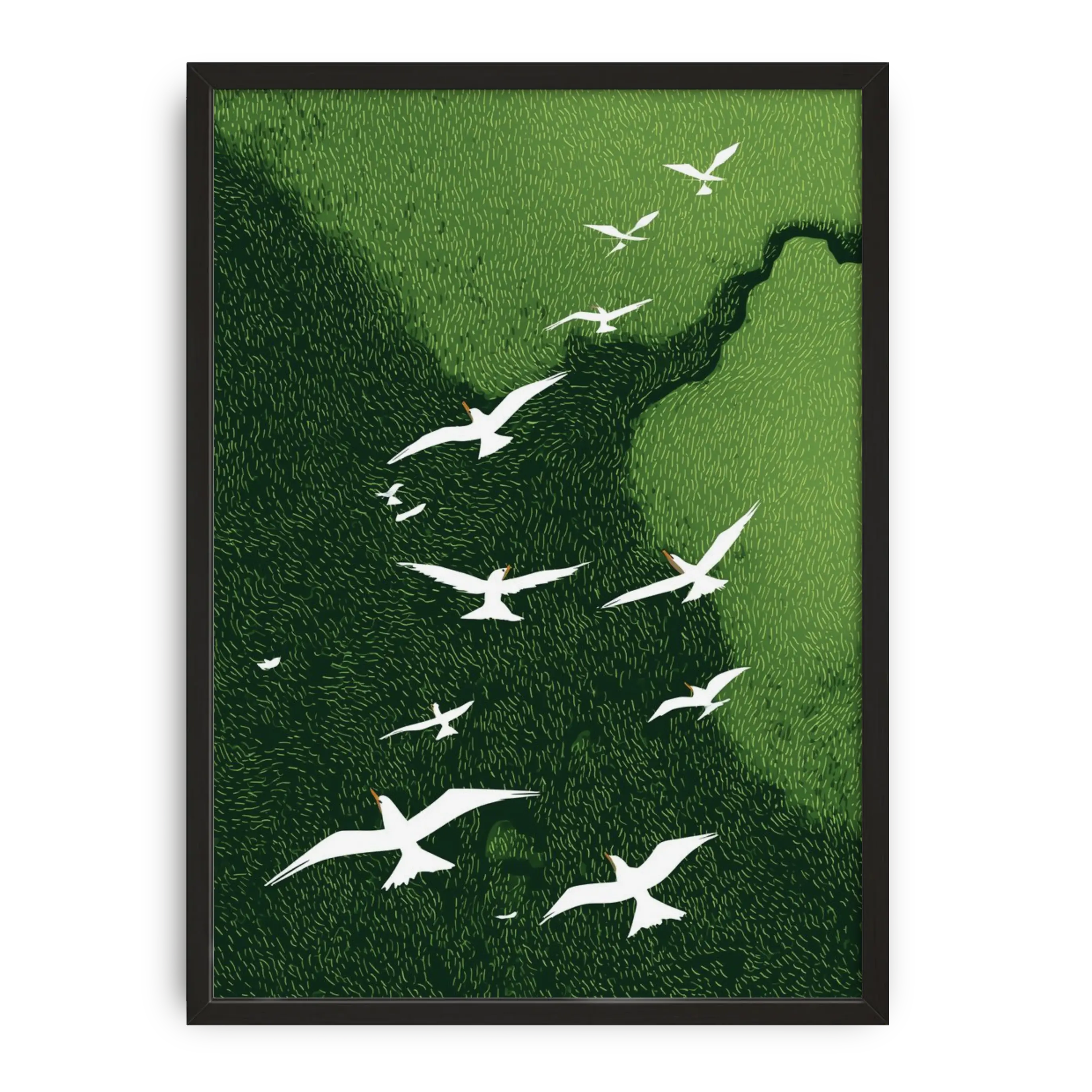 Framed artwork of white birds flying over a green landscape