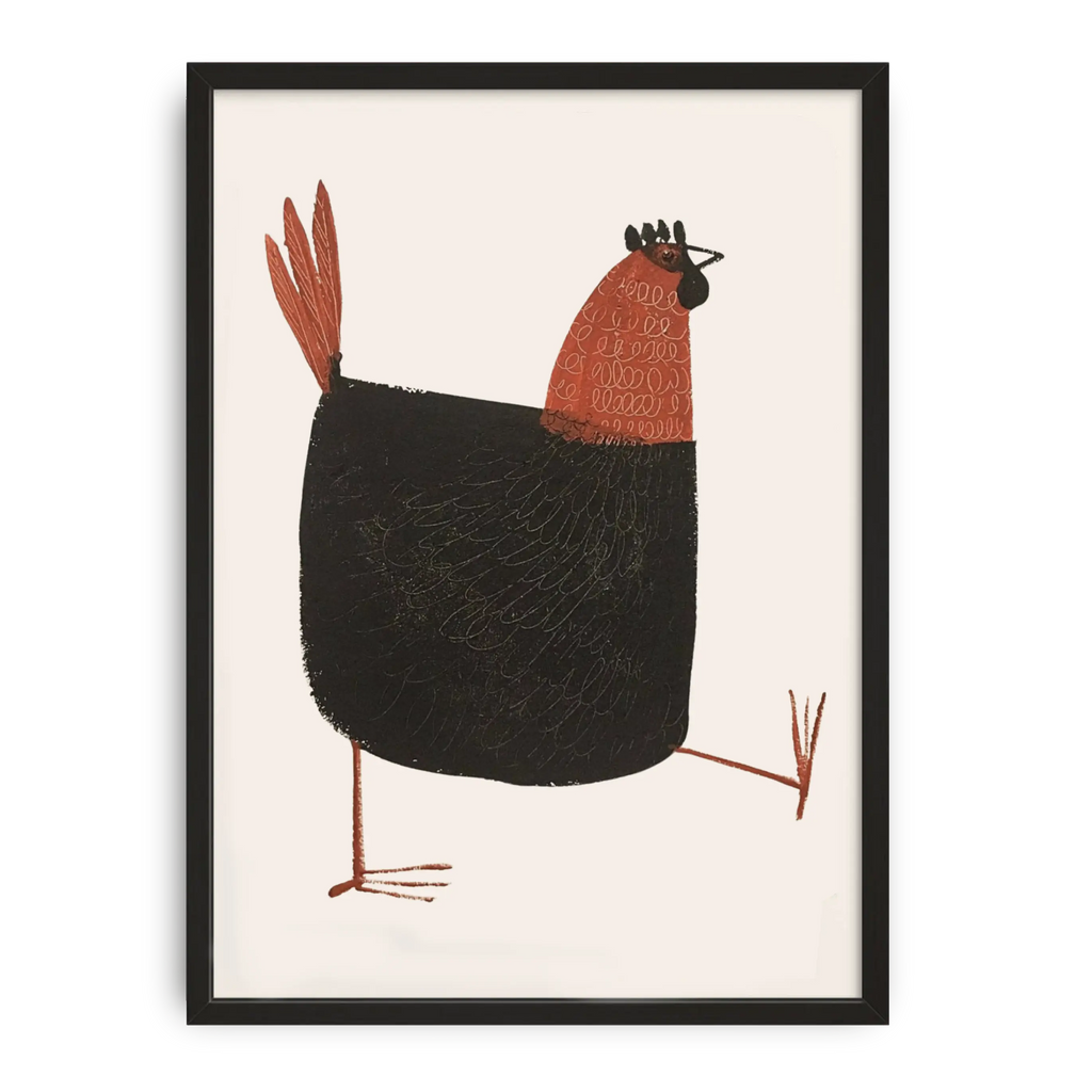Framed illustration of a rooster on a beige background