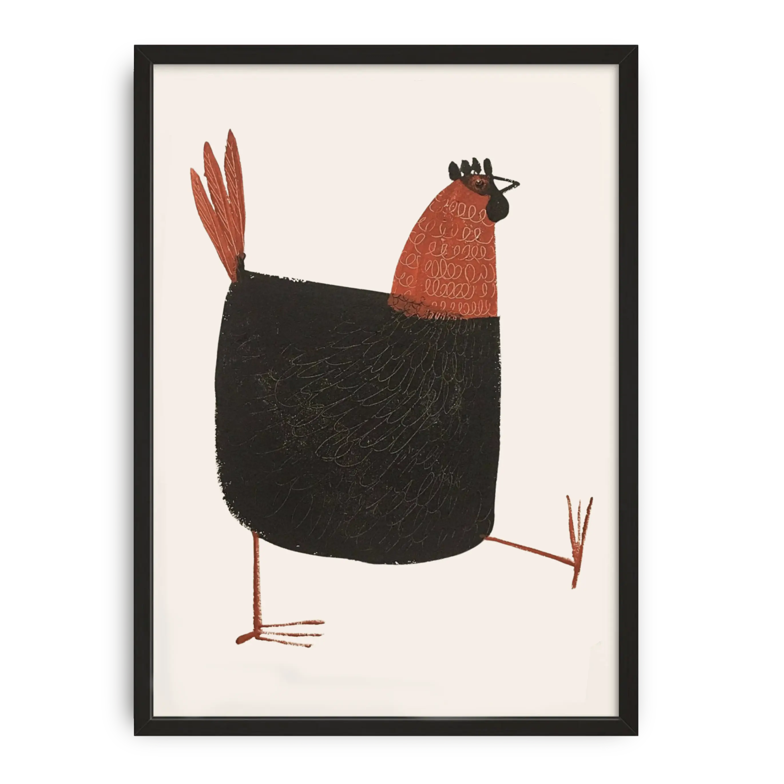 Framed illustration of a rooster on a beige background