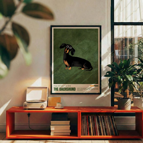Living room with a framed poster of a dachshund, a record player, and books on a wooden shelf.